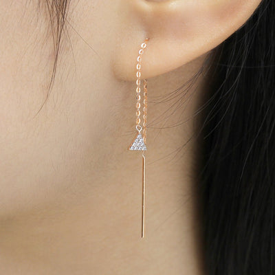 Pyramid Adjustable Chain Length Dangle Threader Earrings, Solid 14K Rose Gold