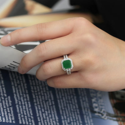 Sterling Silver Simulated Green Jade Square Step Cut Ring