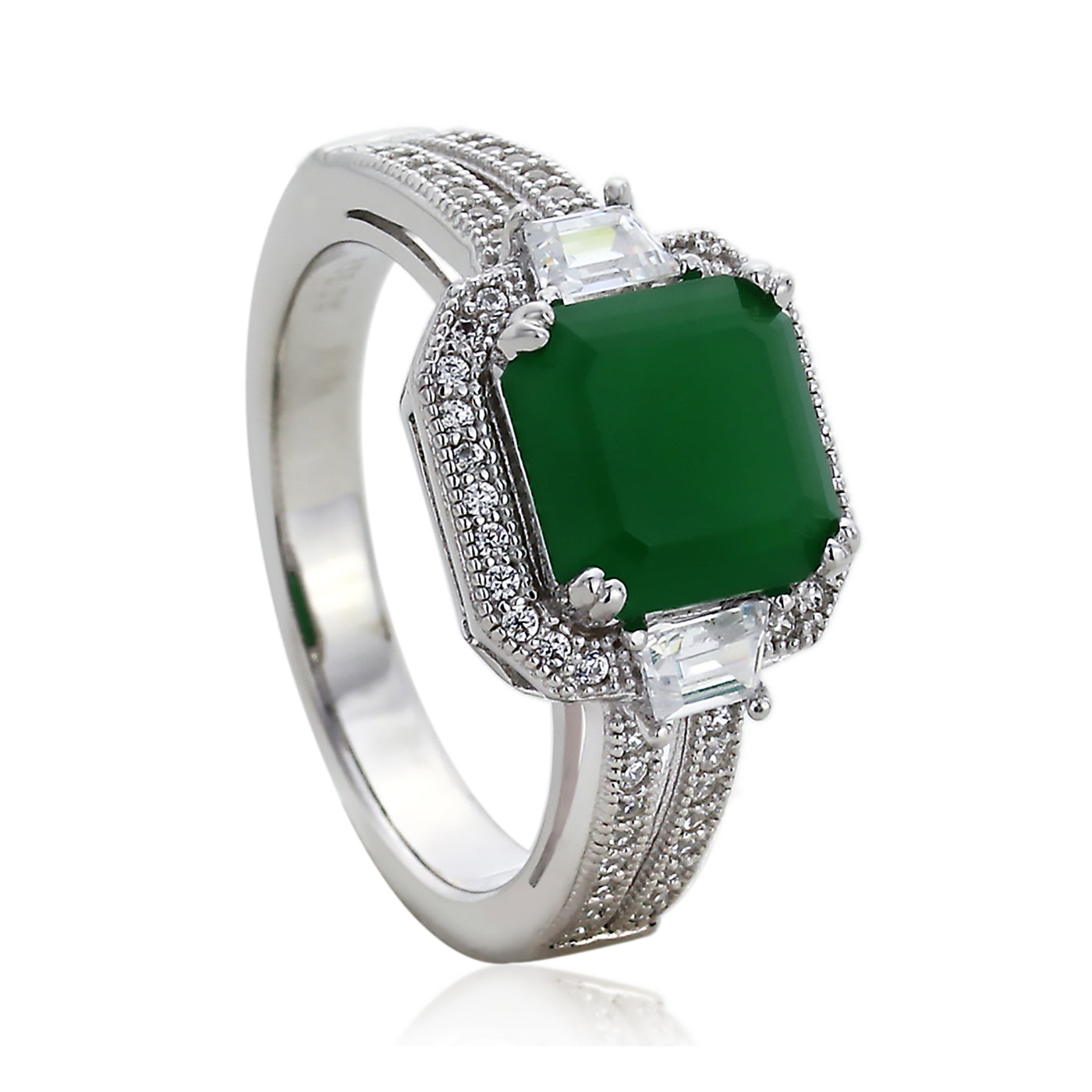 Sterling Silver Simulated Green Jade Square Step Cut Ring