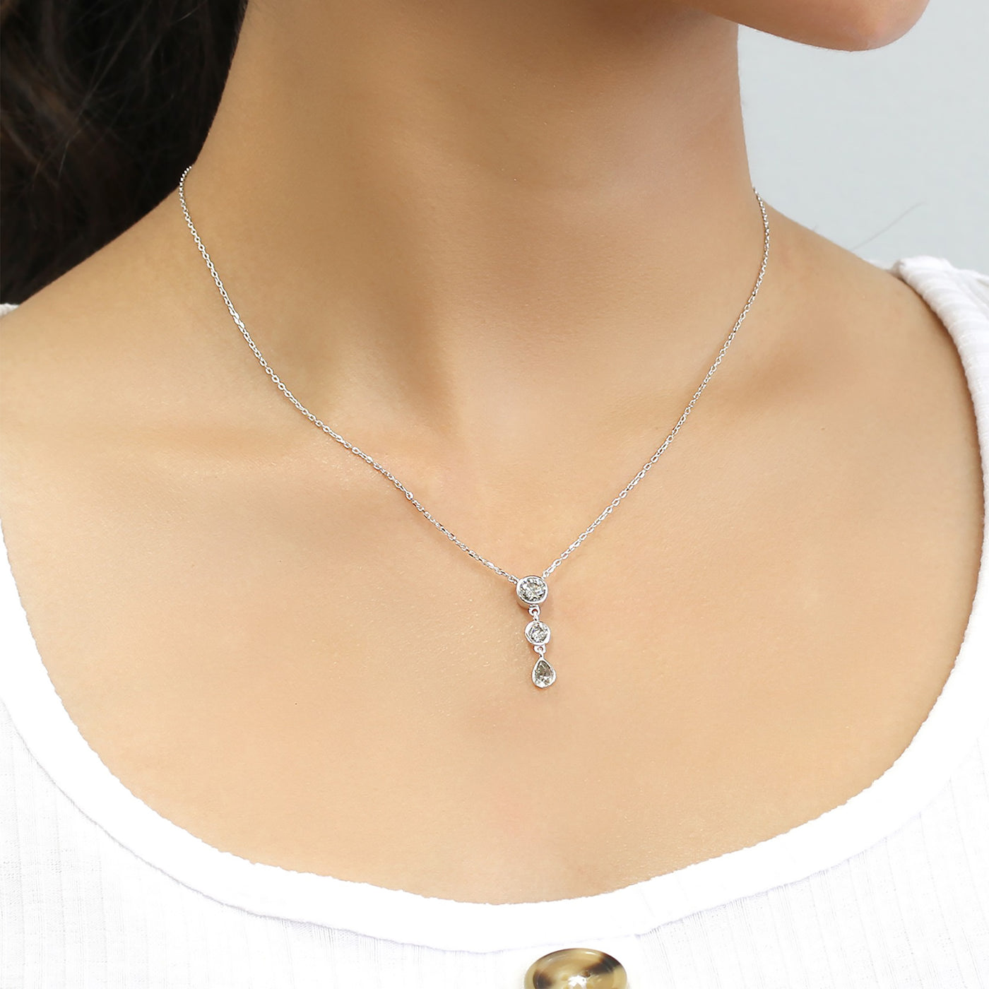 Teardrop Three Stone Pendant Chain Necklace, Gray CZ Platinum Plated Sterling Silver