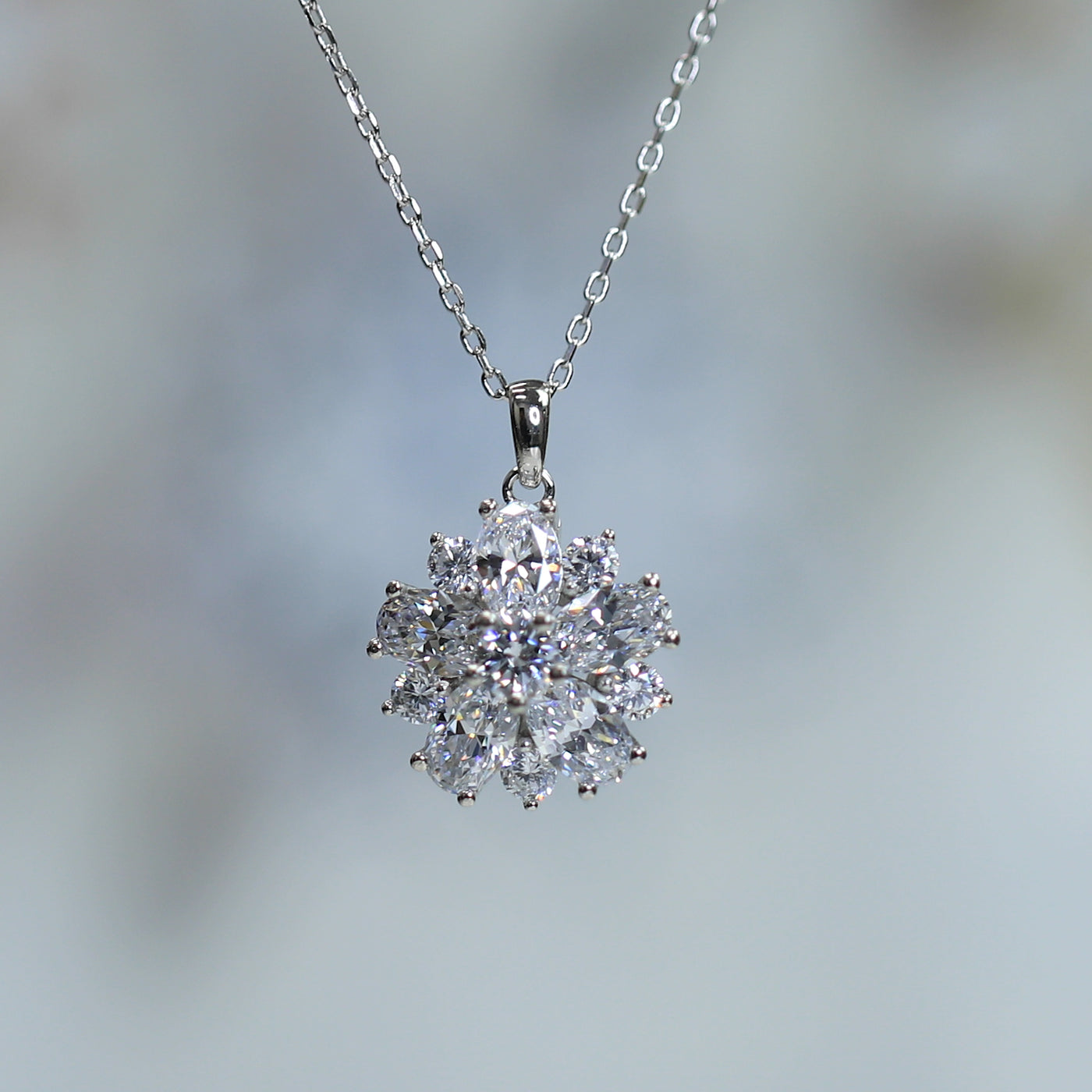 Cluster Flower Pendant Chain Necklace, Platinum Plated Sterling Silver