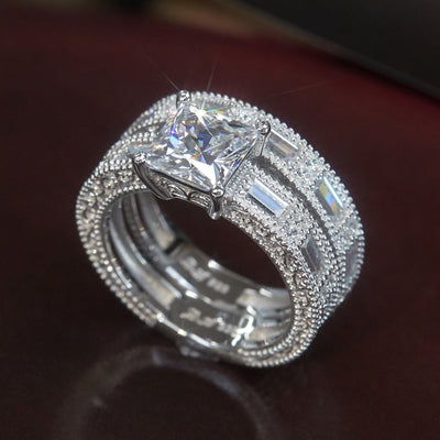 Princess 1.5 CT Baguette Band Bridal Ring Set, Platinum Plated Sterling Silver