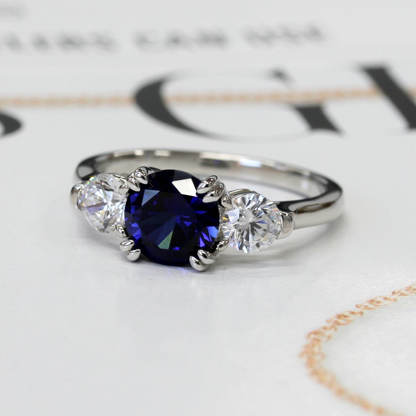 2 CT Simulated Blue Sapphire Ring, Platinum Plated Sterling Silver