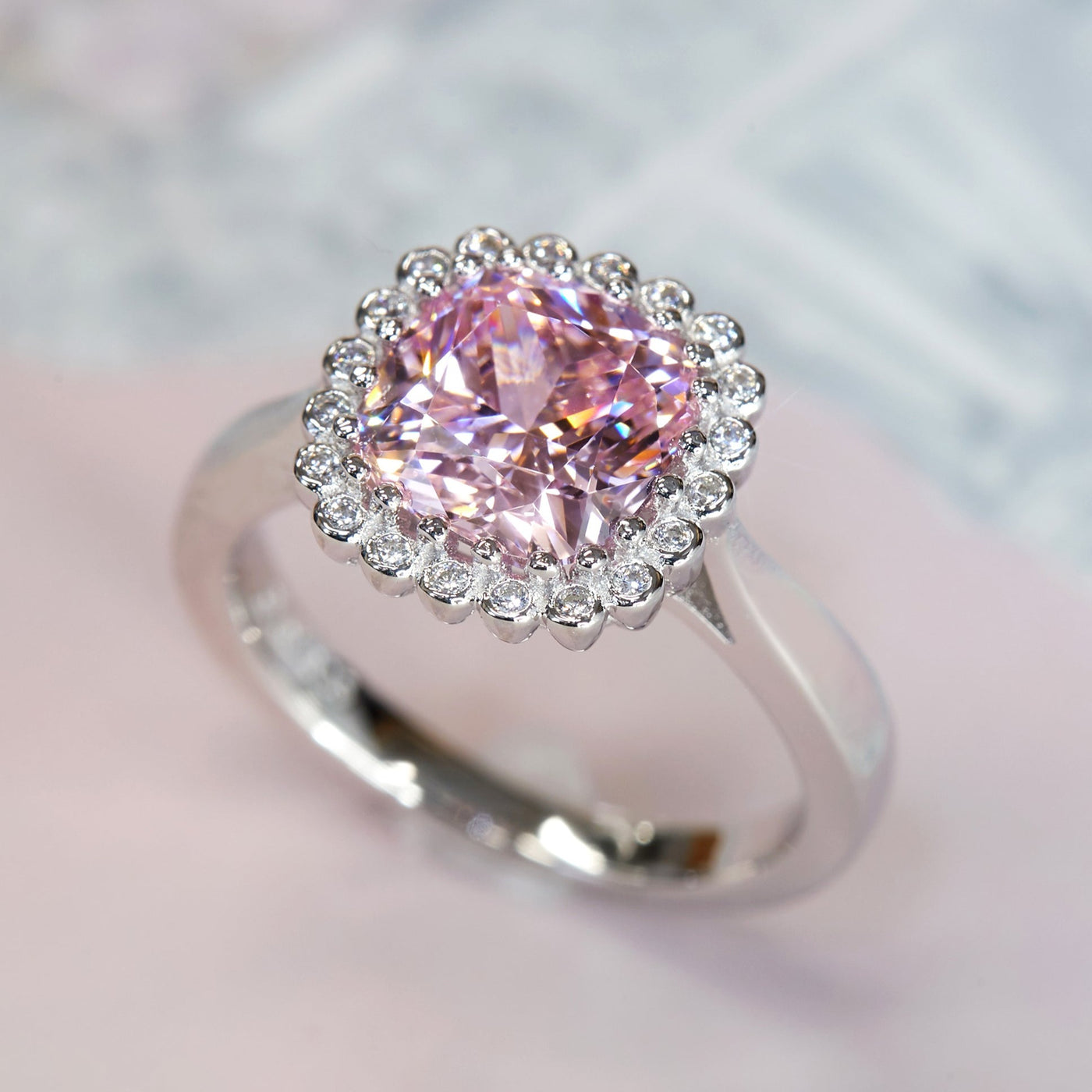 Sterling Silver 2.5 CT Cushion Cut Halo Pink Ring
