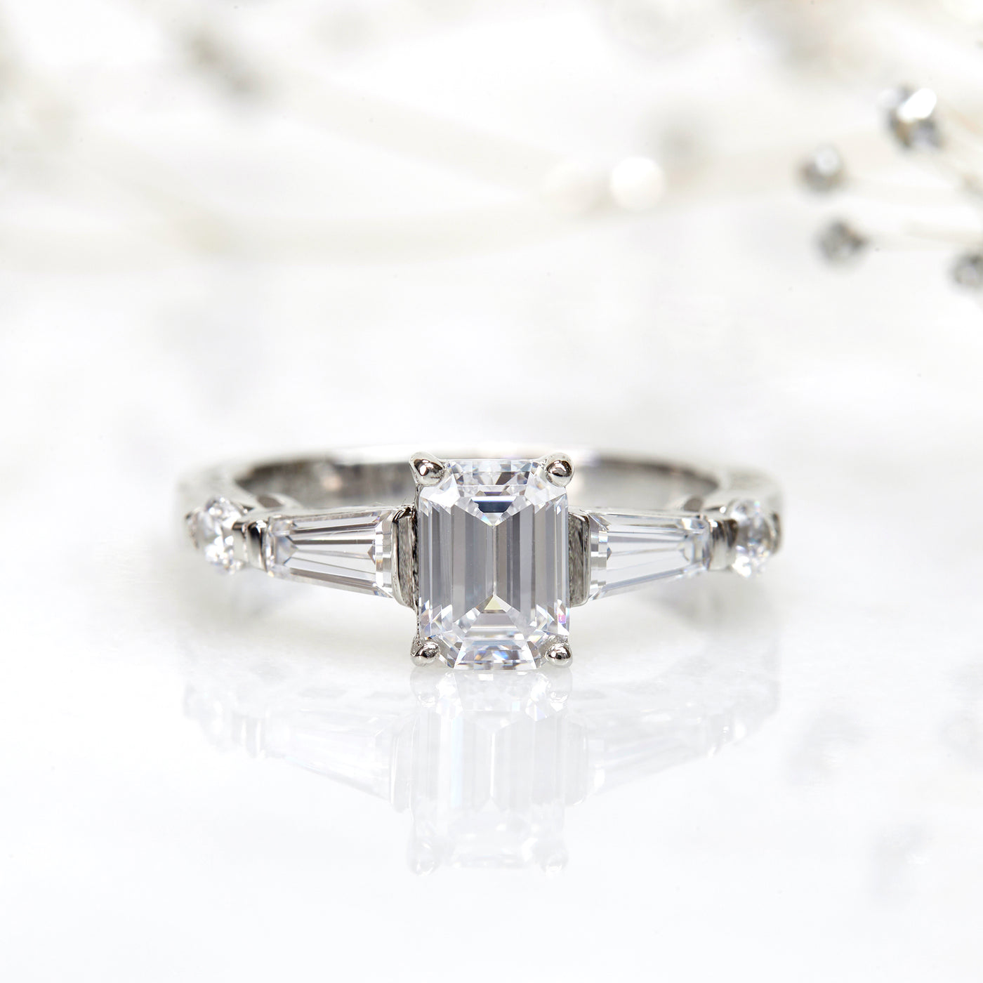 Platinum Plated Sterling Silver Diamond Simulant Art Deco Ring