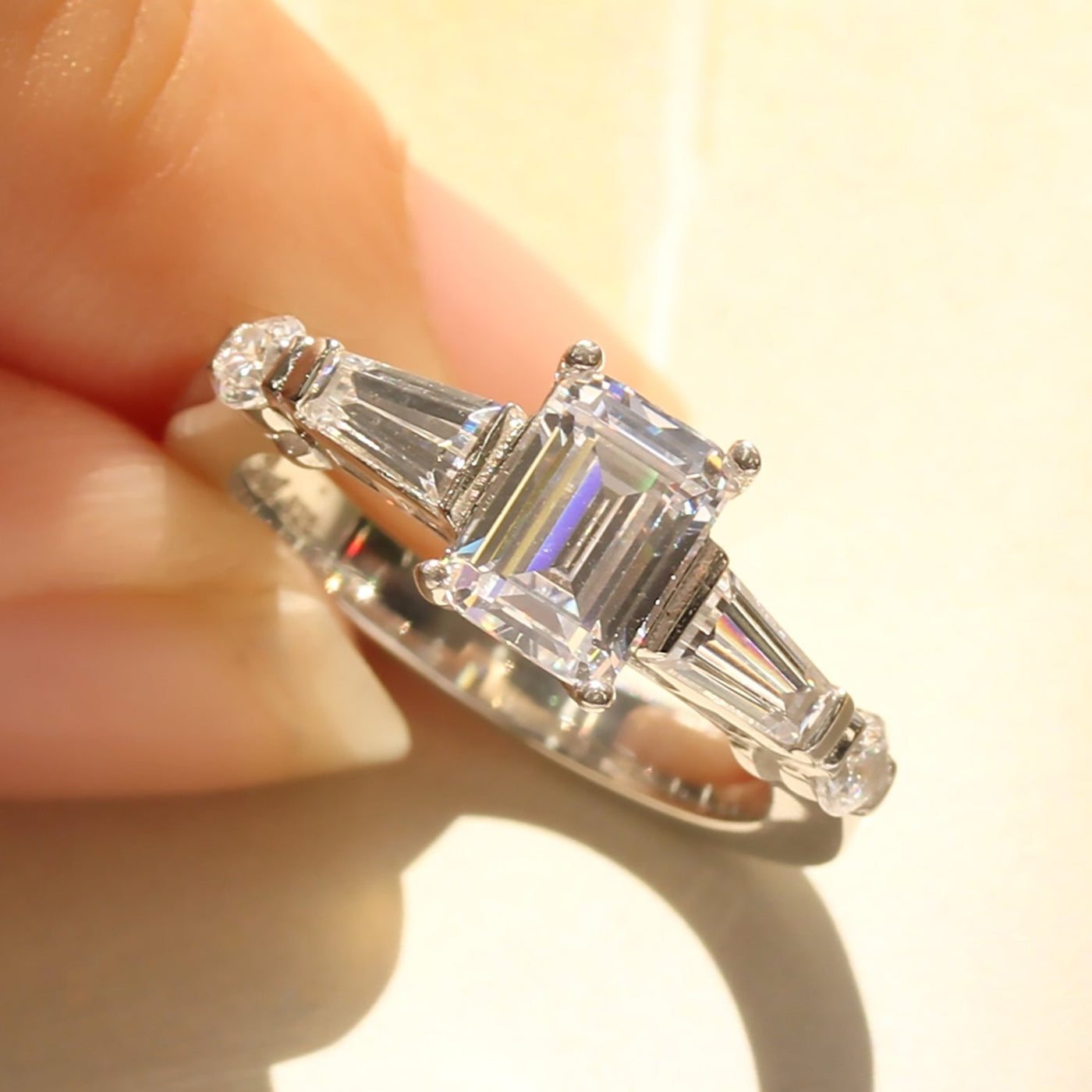 Platinum Plated Sterling Silver Diamond Simulant Art Deco Ring