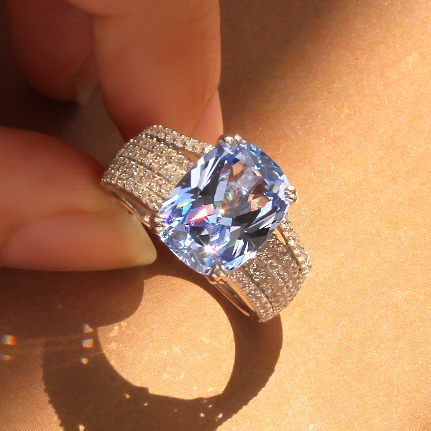 5 CT Radiant Blue Topaz Gemstone Ring, Platinum Sterling Silver