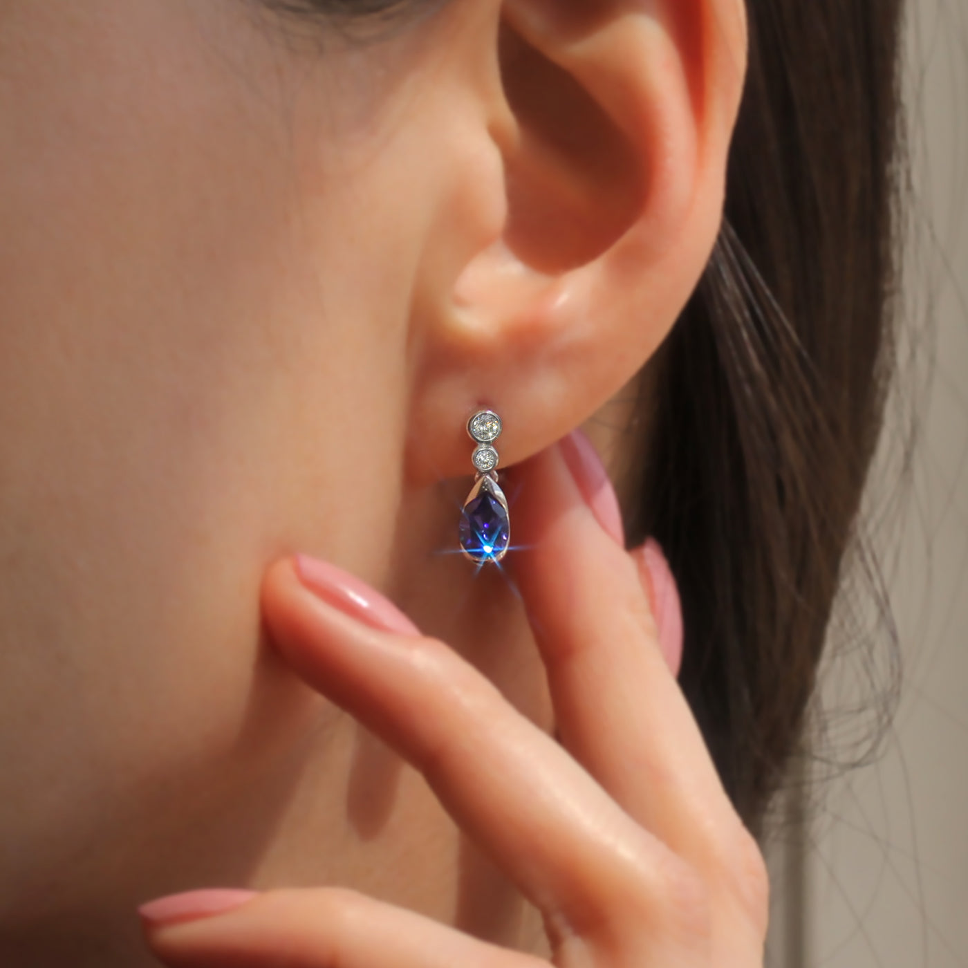 Platinum Plated Sterling Silver Simulated Tanzanite Drop Earrings