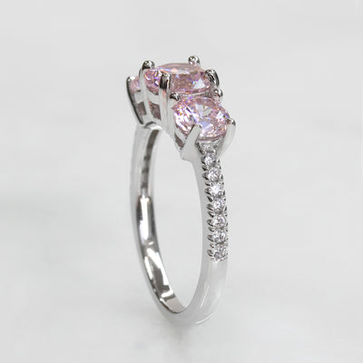 Pink 2 CTW Three Stone Ring, Platinum Plated Sterling Silver