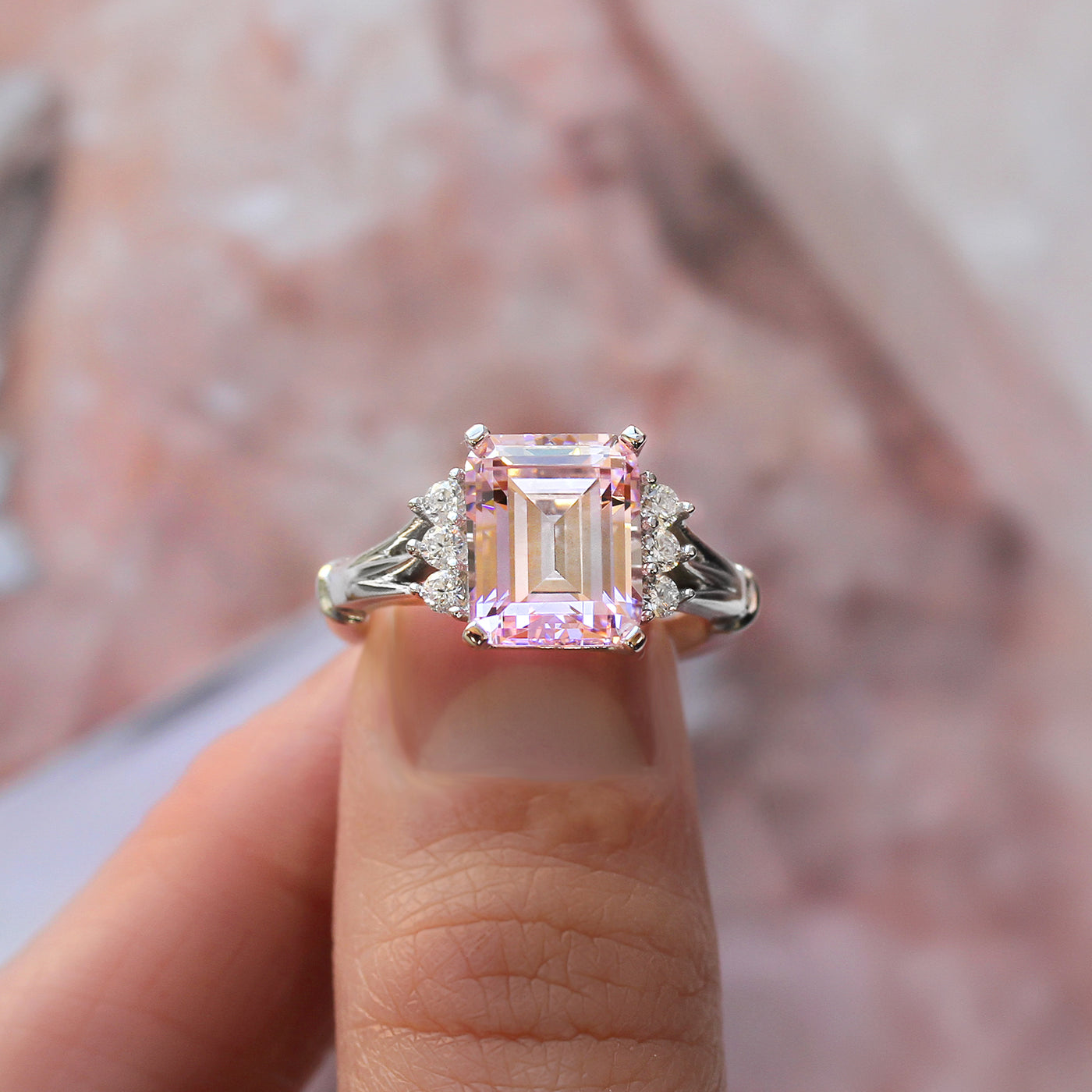 Sterling Silver 3.7 CT Emerald Cut Pink Ring