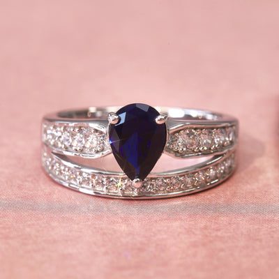 Sterling Silver Simulated Blue Sapphire 1.75 CT Teardrop Two Row Ring