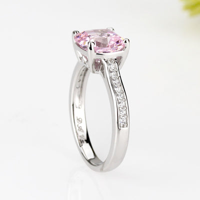 Sterling Silver 8 mm 2 Carat Cushion Cut Pave Pink Ring
