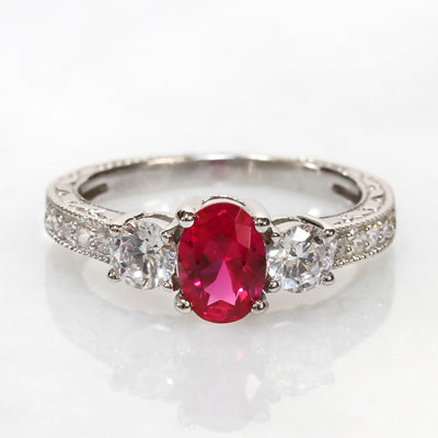 Three Stone Oval Simulated Ruby Ring, Sterling Silver