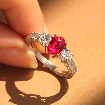 Three Stone Oval Simulated Ruby Ring, Sterling Silver