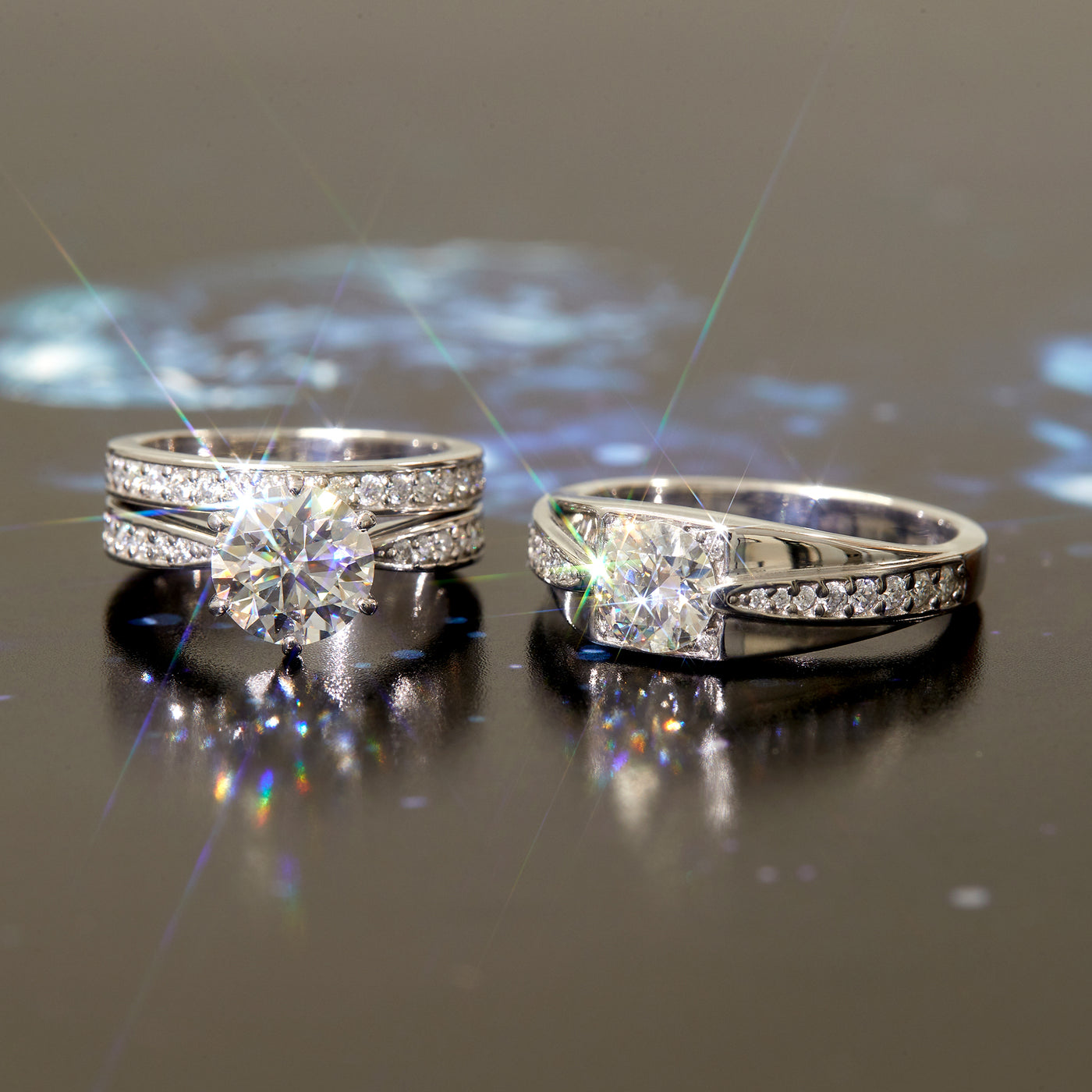 Brilliant Moissanite Wedding Ring Set His and Hers, Sterling Silver