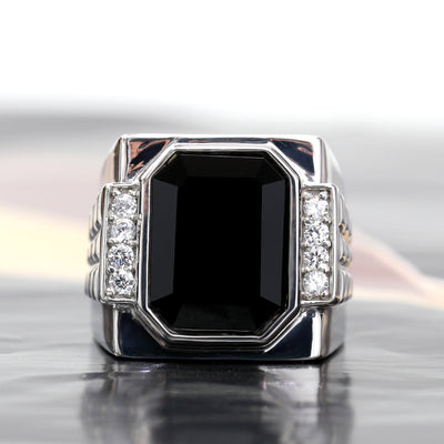 Black Onyx Mens Signet Ring, Sterling Silver Simulated Gemstone Ring
