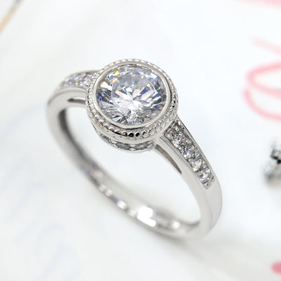 "Bezel Enigma Halo" 14K White Gold Wedding Ring