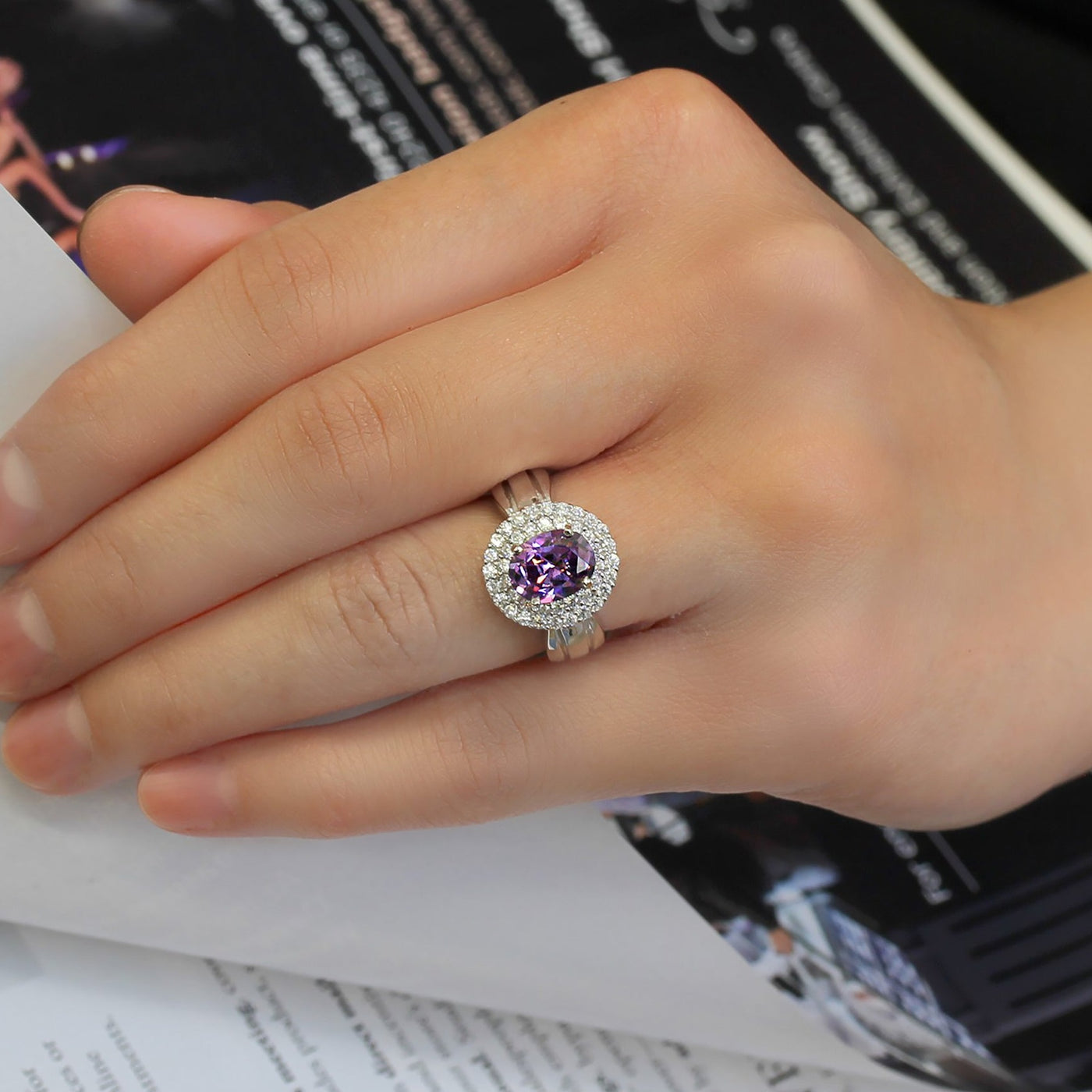 2 CT Oval Amethyst Color CZ Double Halo Ring