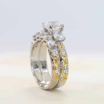 1.5 CT Vintage Two Tone Engagement Ring Set, 14K Gold Plated Sterling Silver