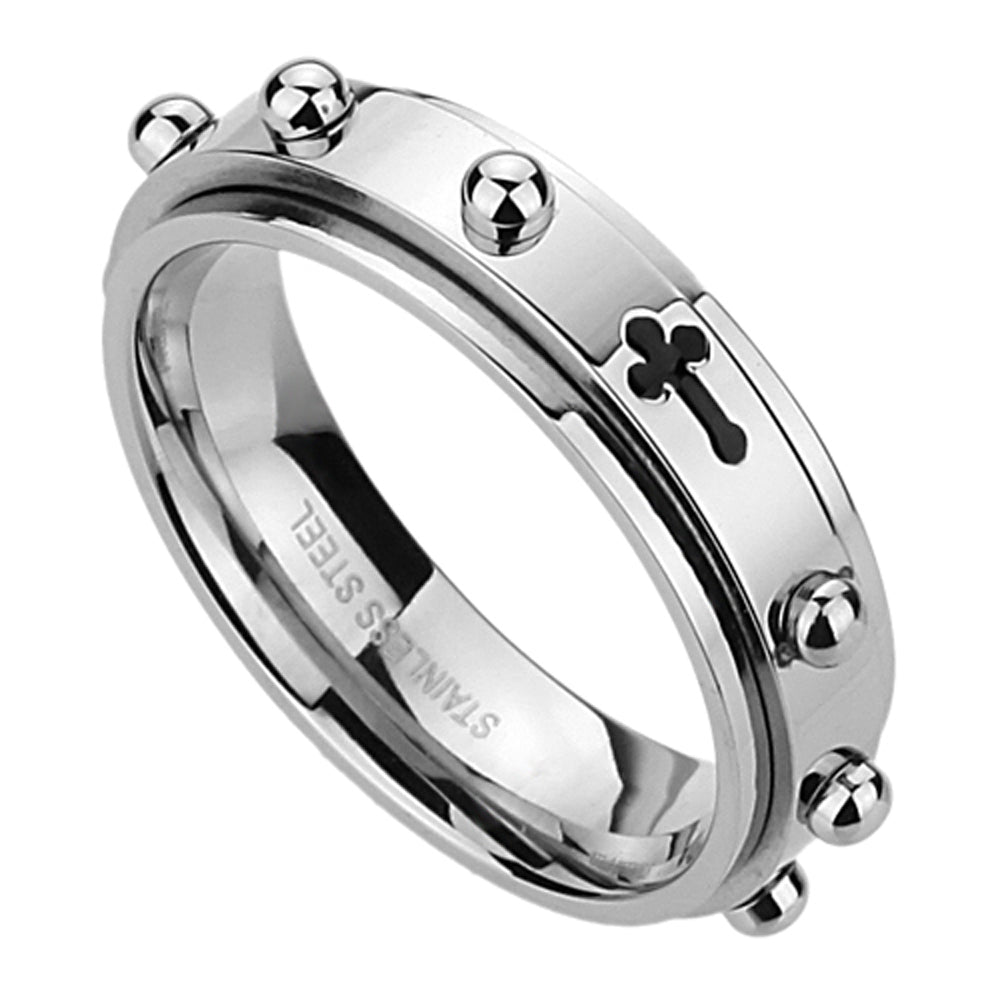 6mm Stainless Steel Ring Cross Rosary Spinner Praying Ring