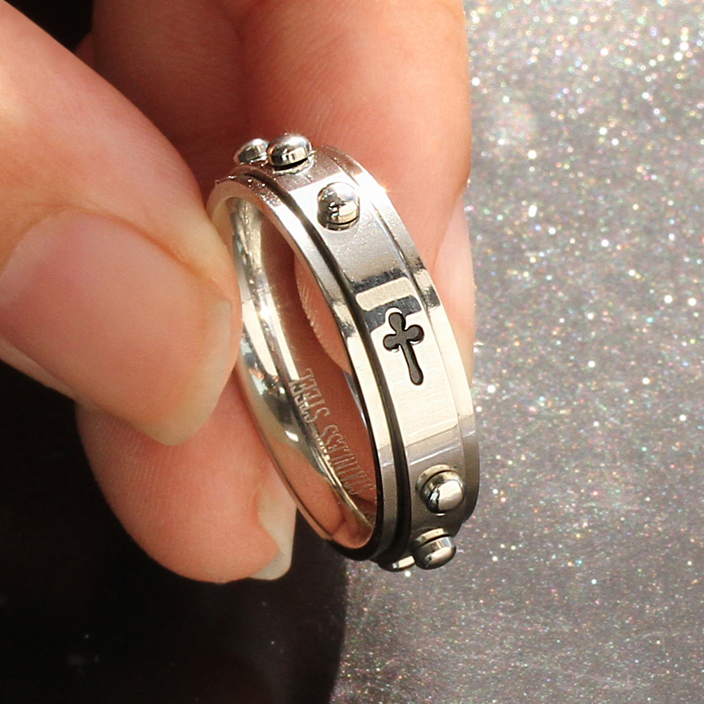 6mm Stainless Steel Ring Cross Rosary Spinner Praying Ring