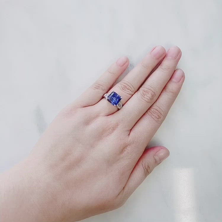 Platinum Plated Sterling Silver Simulated Tanzanite Cocktail Ring