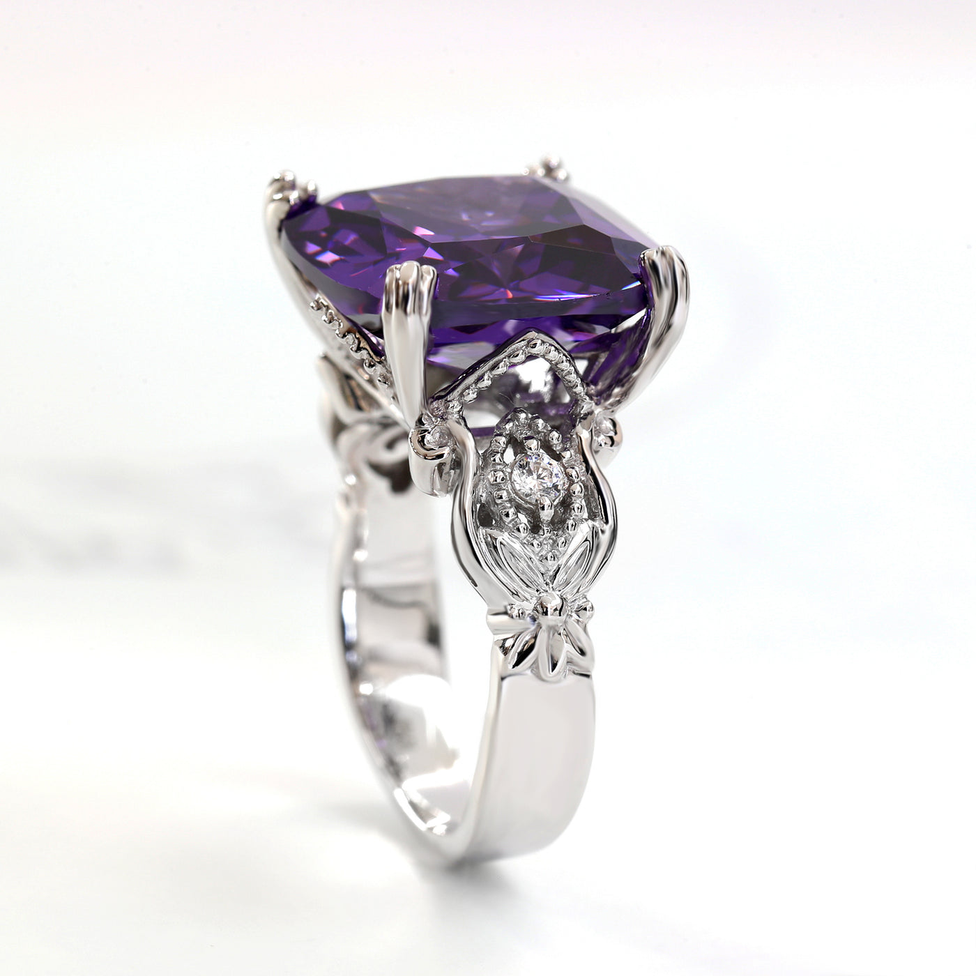 Sterling Silver Simulated Amethyst Vintage Edwardian Cocktail Ring