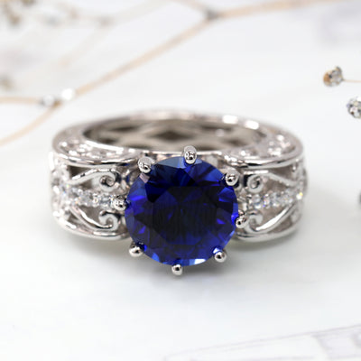 Sterling Silver Simulated Blue Sapphire Vintage Filigree Edwardian Ring