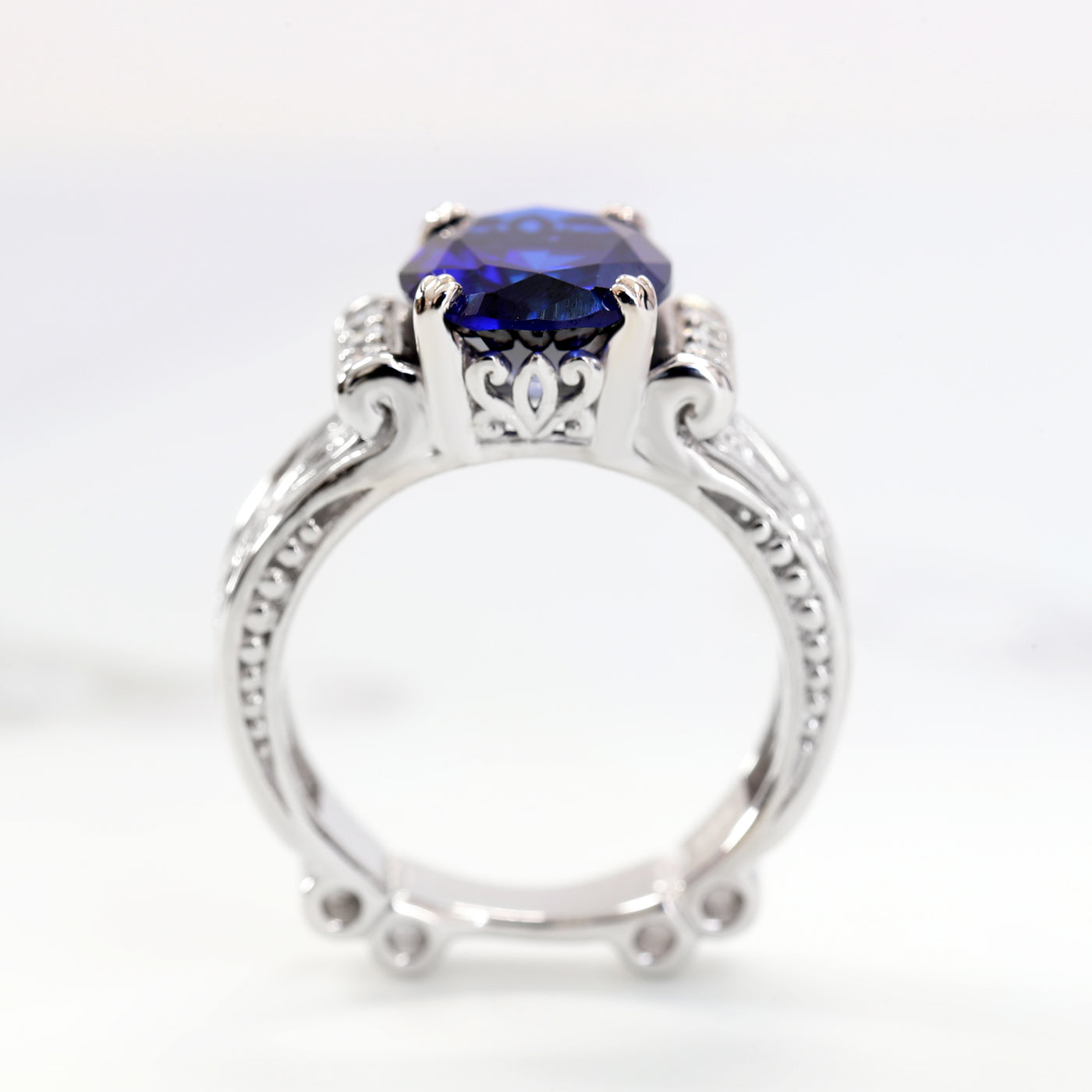 Sterling Silver Simulated Blue Sapphire Double Heart Band Edwardian Ring