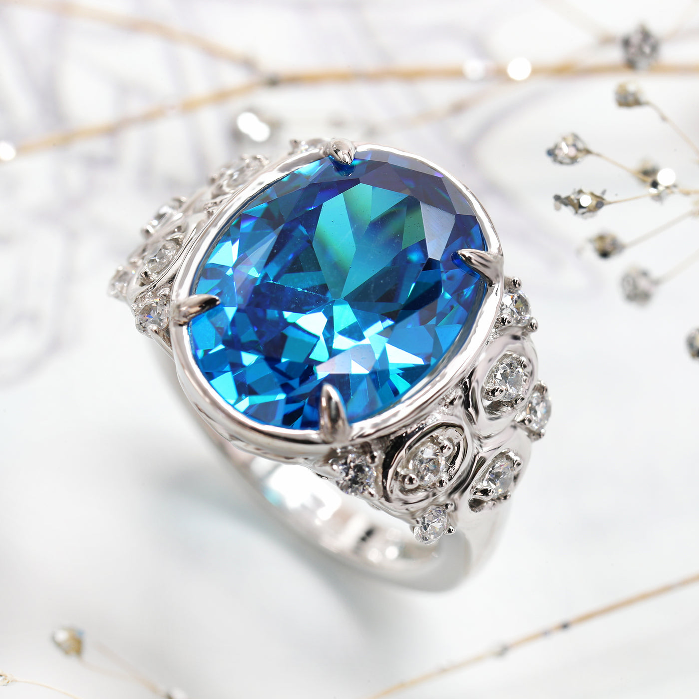 Sterling Silver Simulated London Blue Topaz Vintage Edwardian Cocktail Ring