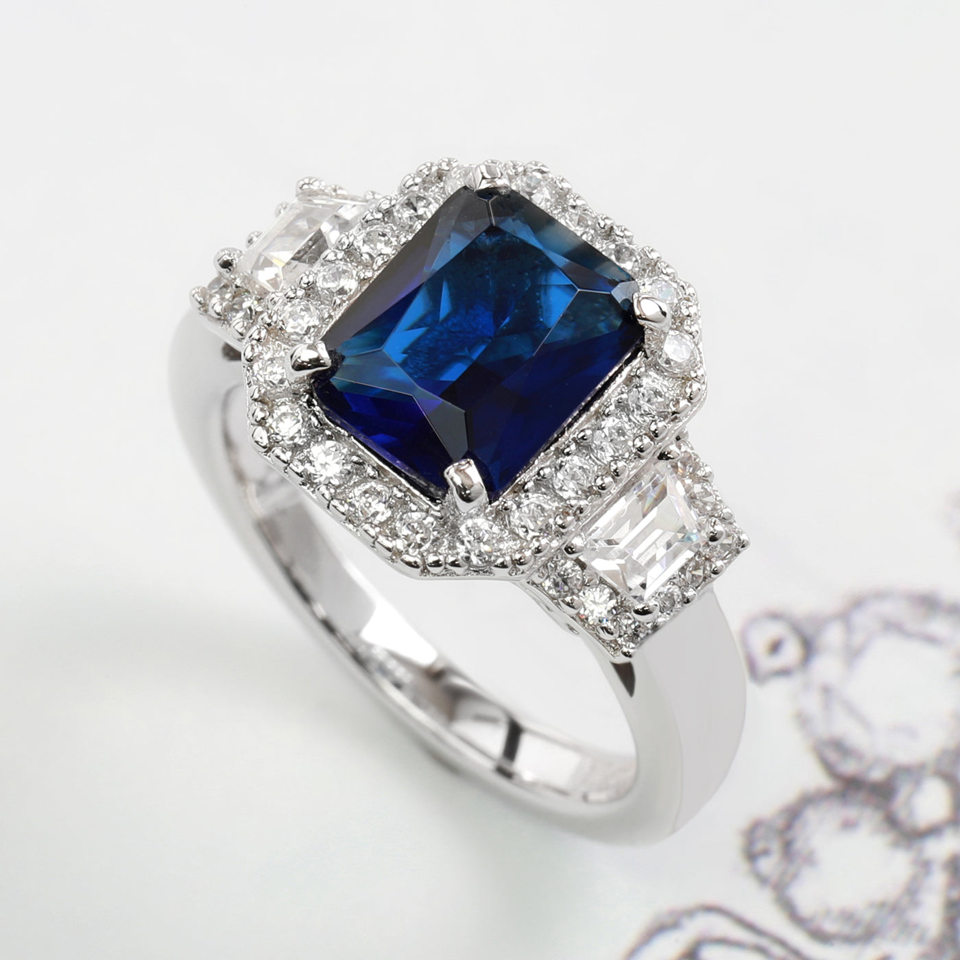 Radiant Cut 2.5 CT Simulated Blue Sapphire Ring, Sterling Silver