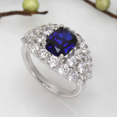 Platinum Plated Sterling Silver Simulated Blue Sapphire Cocktail Ring