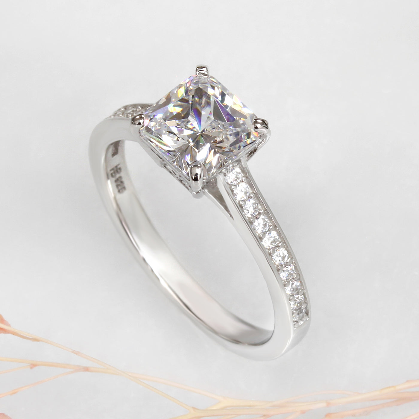 Sterling Silver Diamond Simulant Solitaire Princess Cut Ring