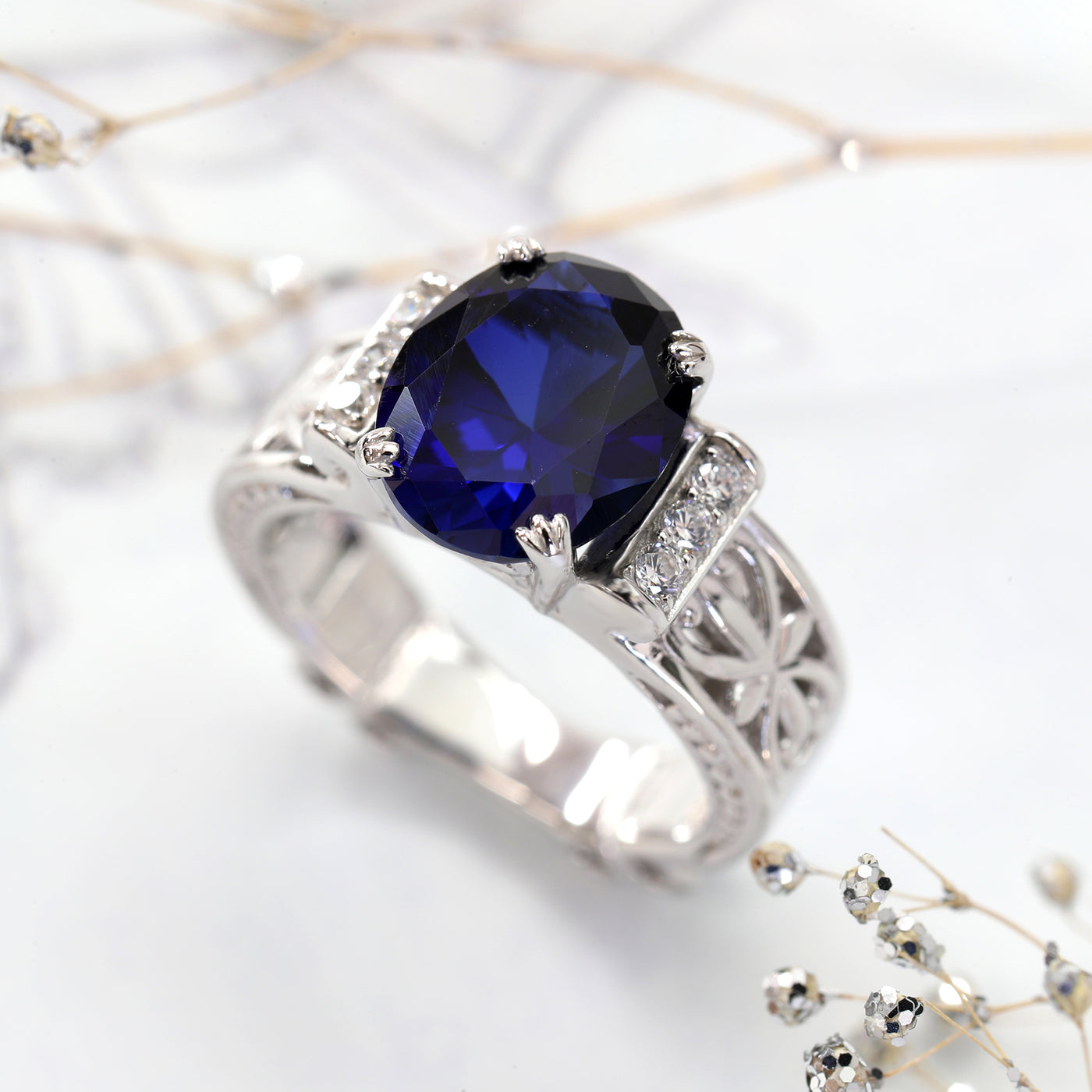 Sterling Silver Simulated Blue Sapphire Double Heart Band Edwardian Ring