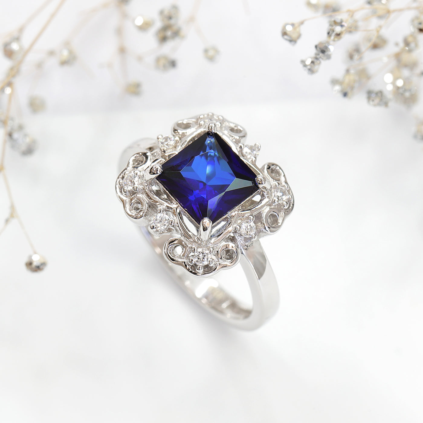 Sterling Silver Simulated Blue Sapphire Filigree Vintage Ring