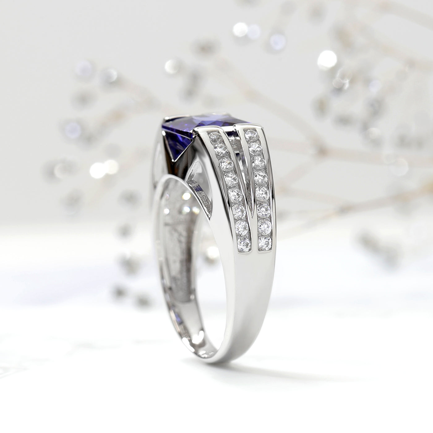 Sterling Silver Simulated Blue Sapphire Flat Top Two Row Ring
