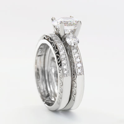 Brilliant 1.5 CT Filigree Design Bridal Ring Set, Sterling Silver