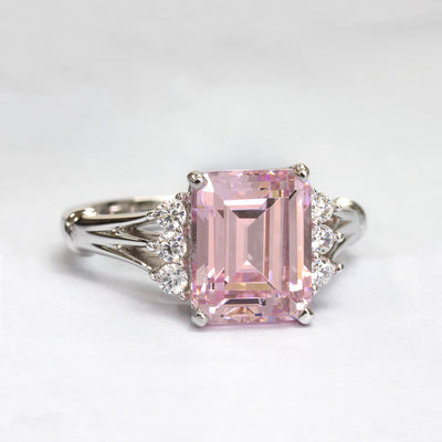 Sterling Silver 3.7 CT Emerald Cut Pink Ring