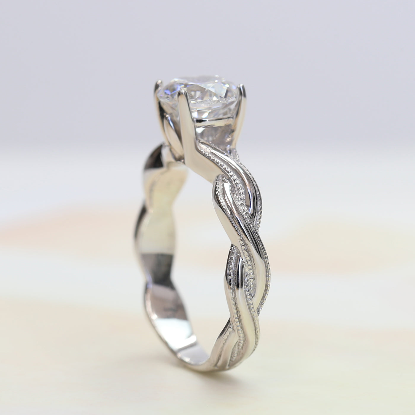 Sterling Silver Diamond Simulant Solitaire Milgrain Edge Infinity Ring