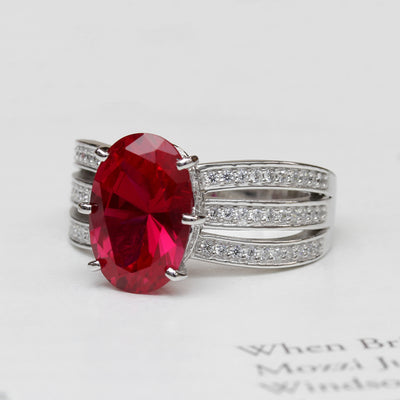Sterling Silver 2 CT Simulated Ruby 3-Row Pave Ring