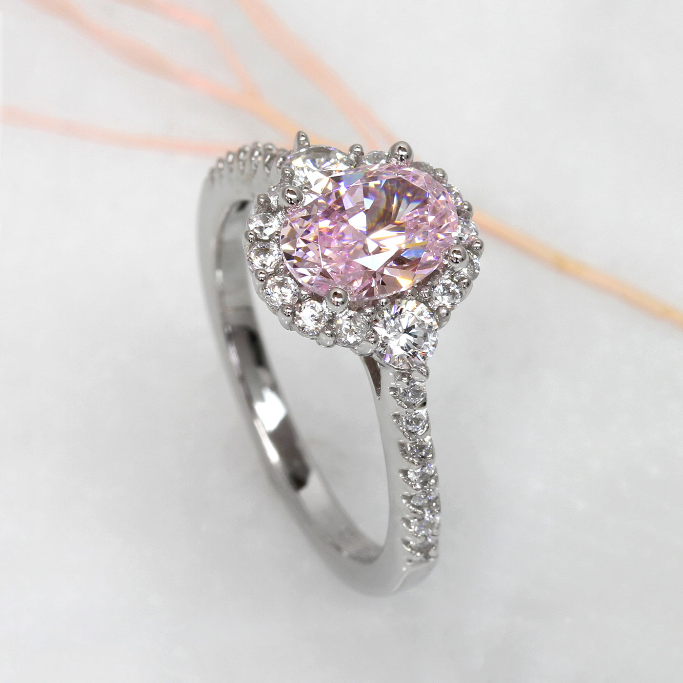 Sterling Silver 1.2 Carat Oval Cut Halo Style Pink Ring