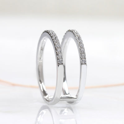 Half Eternity Ring Enhancer Wrap Two Row Band, Platinum Plated Sterling Silver