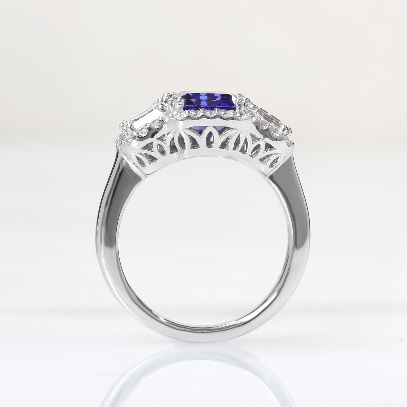 Simulated 2 CT Tanzanite Ring, Platinum Plated Sterling Silver