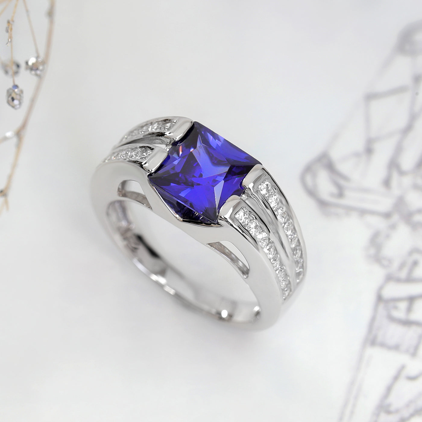 Sterling Silver Simulated Blue Sapphire Flat Top Two Row Ring