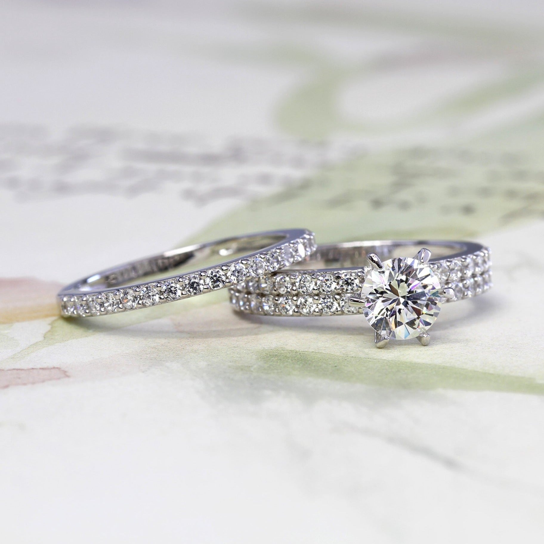 Sterling Silver 1 Carat CZ Gem Half Eternity 2 pcs Engagement Ring Set ...