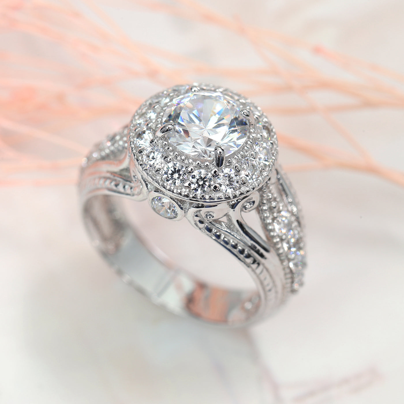 Sterling Silver Diamond Simulant Wide Vintage Halo Edwardian Ring