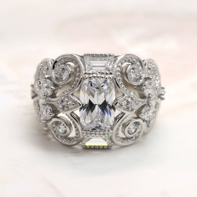 Sterling Silver Radiant Cut Vintage Filigree Fleur de Lis Ring