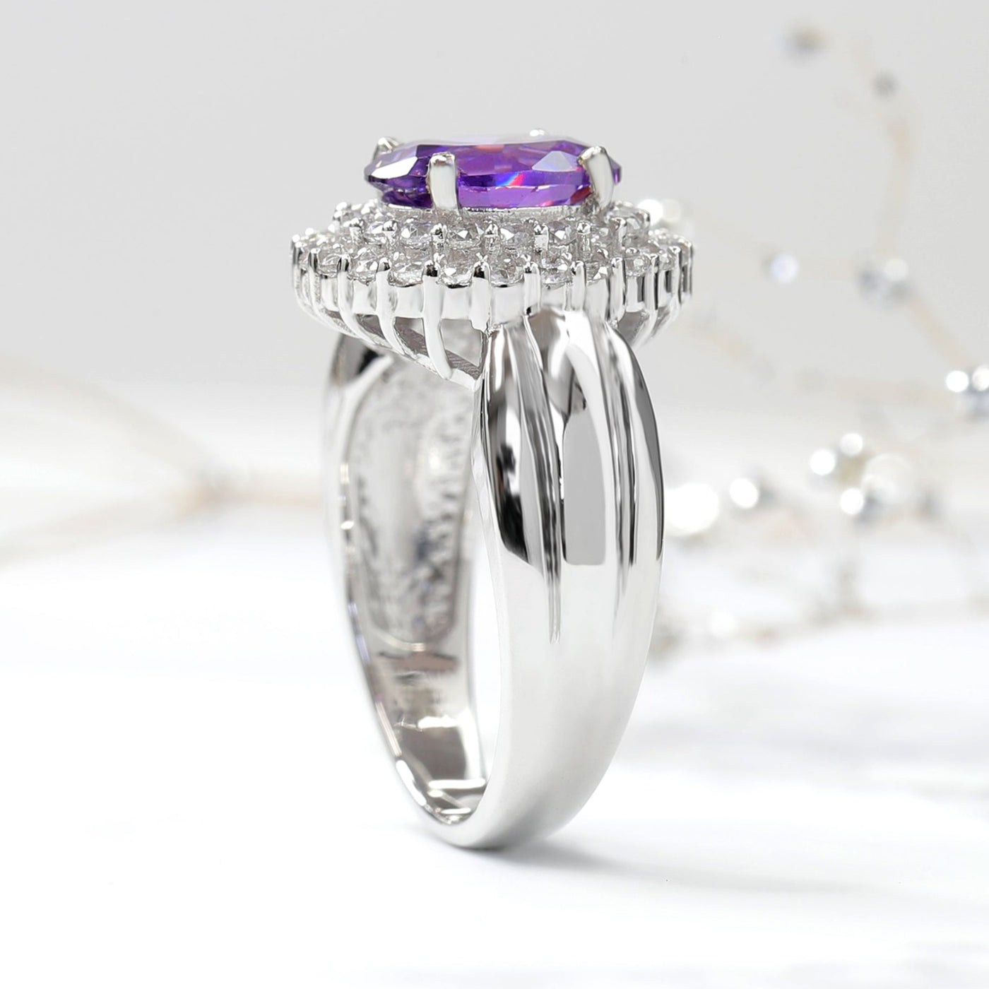 2 CT Oval Amethyst Color CZ Double Halo Ring