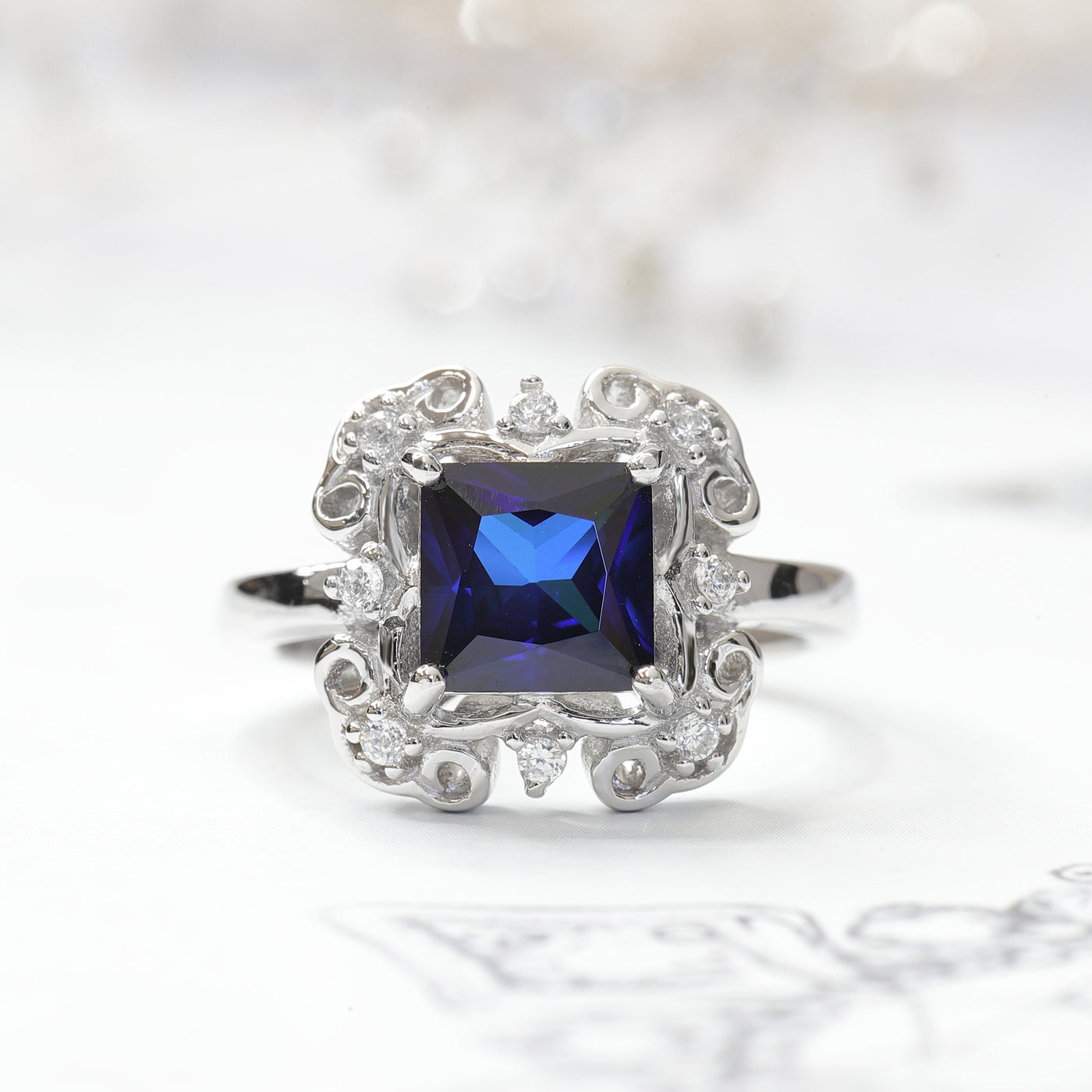Sterling Silver Simulated Blue Sapphire Filigree Vintage Ring