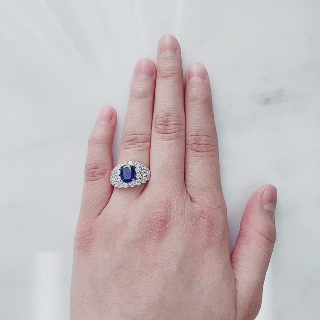 Platinum Plated Sterling Silver Simulated Blue Sapphire Cocktail Ring